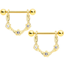 Load image into Gallery viewer, 14G 5/8 Clear Gem Gold Tone Flower Dangle Nipple Ring Set
