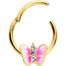 Load image into Gallery viewer, 16G 3/8 Clear Gem Gold Tone Pink Butterfly Septum Ring

