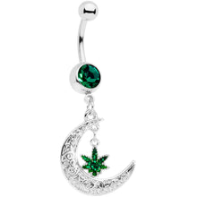 Load image into Gallery viewer, Green Gem Marijuana Pot Leaf Moon Dangle Belly Ring
