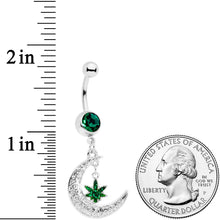 Load image into Gallery viewer, Green Gem Marijuana Pot Leaf Moon Dangle Belly Ring
