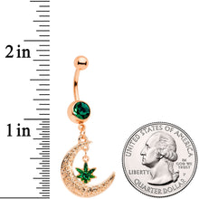 Load image into Gallery viewer, Green Gem Rose Gold Tone Marijuana Pot Leaf Moon Dangle Belly Ring
