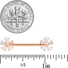Load image into Gallery viewer, 14G 9/16 White Faux Opal Rose Gold Tone Flower Barbell Nipple Set
