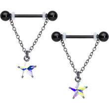 Load image into Gallery viewer, 14G 5/8 Aurora Gem Black Plated Star Chain Dangle Nipple Ring Set
