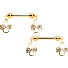 Load image into Gallery viewer, 14G 9/16 Clear Gem Gold Tone Shamrock Dangle Nipple Ring Set
