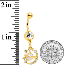 Load image into Gallery viewer, Clear Gem Gold Tone White Faux Opal Saturn Moon Dangle Belly Ring
