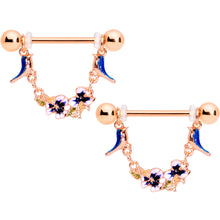 Load image into Gallery viewer, 14G 9/16 Rose Gold Tone Bluebird Flower Dangle Nipple Ring Set
