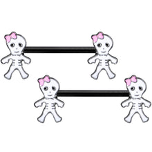 Load image into Gallery viewer, 14G 9/16 Black Skeleton Girl Halloween Barbell Nipple Ring Set
