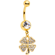 Load image into Gallery viewer, Clear Gem Gold Tone Lucky St Patricks Day Shamrock Dangle Belly Ring
