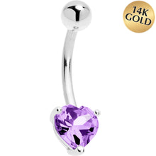 Load image into Gallery viewer, 16G Solid 14K White Gold Genuine Light Amethyst Heart Solitaire Belly Ring

