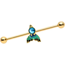 Load image into Gallery viewer, 14G Gold Tone Blue Green Mermaid Tail Industrial Barbell 38mm
