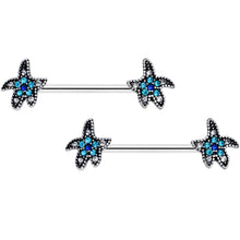 Load image into Gallery viewer, 14G 5/8 Clear Aqua Gem Starfish Barbell Nipple Ring Set
