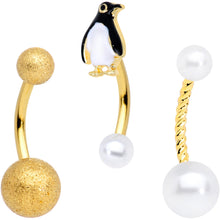 Load image into Gallery viewer, Gold Tone Winter Penguin Christmas Belly Ring Set of 3
