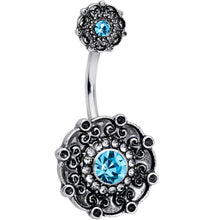 Load image into Gallery viewer, Clear Aqua Gem Floral Emblem Double Mount Belly Ring
