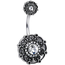 Load image into Gallery viewer, Clear Gem Floral Emblem Double Mount Belly Ring
