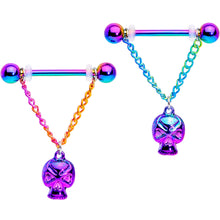 Load image into Gallery viewer, 14G 3/4 Rainbow Plated Scary Skull Dangle Barbell Nipple Ring Set
