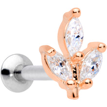 Load image into Gallery viewer, 16G 1/4 CZ Rose Gold PVD Leaf Threadless Push In Labret Tragus

