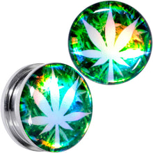 Load image into Gallery viewer, Green Hologram Marijuana Weed Leaf Screw Fit Plug Set 6G to 1 Inch
