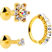 Load image into Gallery viewer, 16G Clear CZ Gem Gold Tone Cartilage Labret Closure Ring Set of 3
