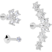 Load image into Gallery viewer, 16G 1/4 Clear CZ Gem Floral Labret Tragus Set of 3
