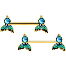 Load image into Gallery viewer, 14G 9/16 Gold Tone Blue Green Mermaid Tail Barbell Nipple Ring Set
