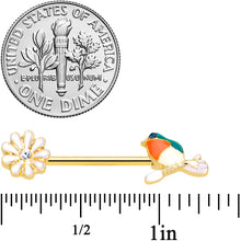 Load image into Gallery viewer, 14G 5/8 Clear Blue Gem Gold Tone Perch Bird Barbell Nipple Set
