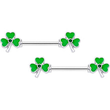 Load image into Gallery viewer, 14G 5/8 Black Gem Green St Pats Shamrock Barbell Nipple Ring Set
