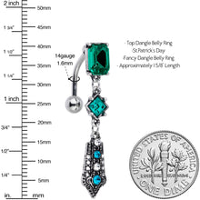 Load image into Gallery viewer, Green Clear Gem Art Deco Geometric Top Mount Dangle Belly Ring
