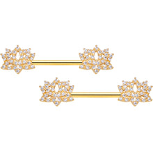 Load image into Gallery viewer, 14G 9/16 Clear CZ Gem Gold Tone Lotus Flower Nipple Ring Set
