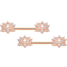 Load image into Gallery viewer, 14G 9/16 Clear CZ Gem Rose Gold Tone Lotus Flower Nipple Ring Set
