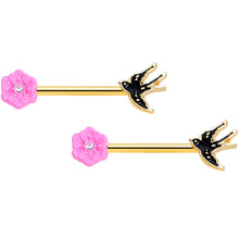 Load image into Gallery viewer, 14G 9/16 Clear Gem Gold Hue Tattoo Bird Flower Nipple Ring Set
