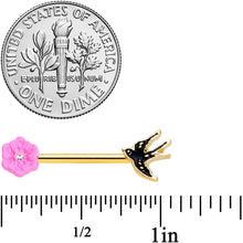 Load image into Gallery viewer, 14G 9/16 Clear Gem Gold Hue Tattoo Bird Flower Nipple Ring Set
