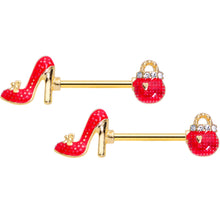 Load image into Gallery viewer, 14G 5/8 Clear Gem Gold Tone Purse High Heel Nipple Ring Set
