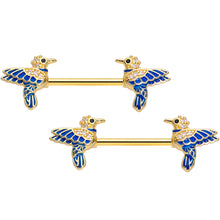 Load image into Gallery viewer, 14G 5/8 Clear Gem Gold Tone Blue Bird Barbell Nipple Ring Set
