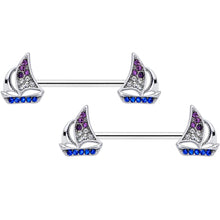 Load image into Gallery viewer, 14G 5/8 Blue Purple Clear Gem Sailboat Barbell Nipple Ring Set
