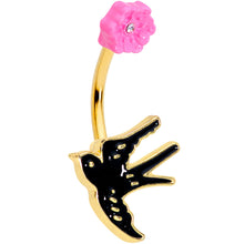 Load image into Gallery viewer, Clear Gem Gold Tone Tattoo Bird Pink Flower Belly Ring
