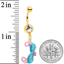 Load image into Gallery viewer, Clear Aqua Pink Gem Gold Tone Bikini Top Dangle Belly Ring
