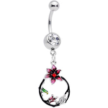 Load image into Gallery viewer, Clear Gem Black Hoop Pink Flower Dangle Belly Ring
