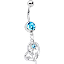 Load image into Gallery viewer, Aqua Gem Blossoming Heart Flower Dangle Belly Ring
