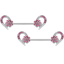 Load image into Gallery viewer, 14G 9/16 Pink Gem Flower Heart Barbell Nipple Ring Set
