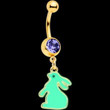 Load image into Gallery viewer, Purple Gem Gold Tone Easter Bunny Glow in the Dark Dangle Belly Ring
