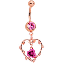 Load image into Gallery viewer, Pink Gem Rose Gold Tone Rose Heart Valentines Day Dangle Belly Ring
