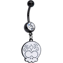 Load image into Gallery viewer, Clear Gem Black White Calavera Sugar Skull Dangle Belly Ring
