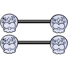 Load image into Gallery viewer, 14G 9/16 Black Calavera Sugar Skull Barbell Nipple Ring Set
