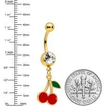 Load image into Gallery viewer, Clear Gem Gold Tone Charming Cherries Dangle Belly Ring
