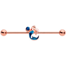 Load image into Gallery viewer, 14G Aqua Gem Rose Gold Tone Mermaid Industrial Barbell 38mm
