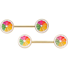 Load image into Gallery viewer, 14G 5/8 Gold Tone Rainbow Grapefruit Barbell Nipple Ring Set
