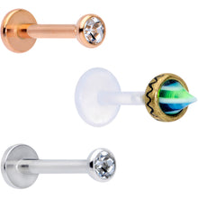 Load image into Gallery viewer, 16G 5/16 Clear Gem Rose Gold Tone Bioplast Labret Tragus Set of 3
