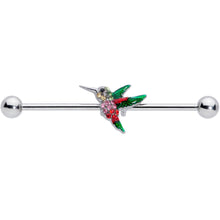 Load image into Gallery viewer, 14G Red Pink Gem Green Hummingbird Industrial Barbell 38mm
