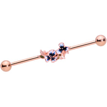 Load image into Gallery viewer, 14G Rose Gold Tone Blue Tropical Flower Industrial Barbell 38mm
