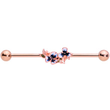 Load image into Gallery viewer, 14G Rose Gold Tone Blue Tropical Flower Industrial Barbell 38mm

